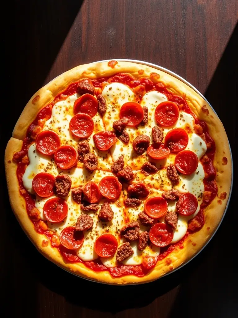 A vibrant, overhead shot of a 'The GodFather' pizza from Pizza Capers, showcasing its generous toppings of pepperoni, Italian sausage, and mozzarella on a crispy crust, set against a dark wooden table.
