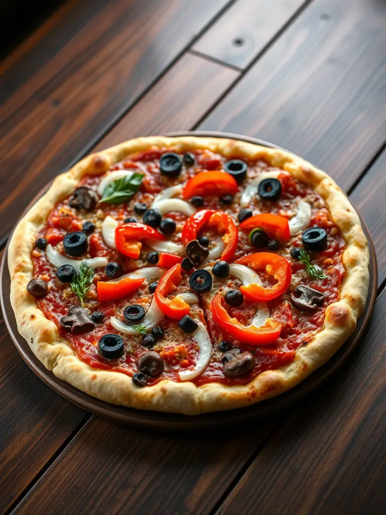 A mouth-watering image of a 'Vegetarian Supreme' pizza from Pizza Capers, displaying a colorful array of fresh vegetables including bell peppers, mushrooms, olives, and tomatoes on a classic crust.