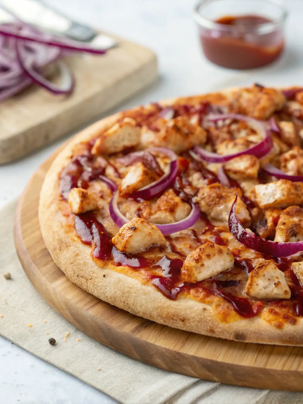 A close-up studio shot of a 'BBQ Chicken' pizza from Pizza Capers, highlighting the tender chicken pieces, smoky BBQ sauce, red onions, and cilantro on a golden-brown crust.