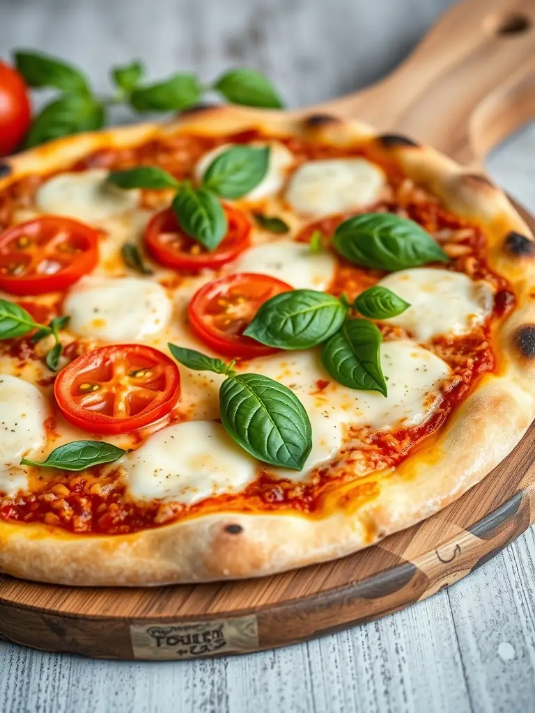 A tempting photo of a 'Margherita' pizza from Pizza Capers, emphasizing the simplicity of fresh basil leaves, ripe tomato slices, and creamy mozzarella cheese on a thin, perfectly baked crust.