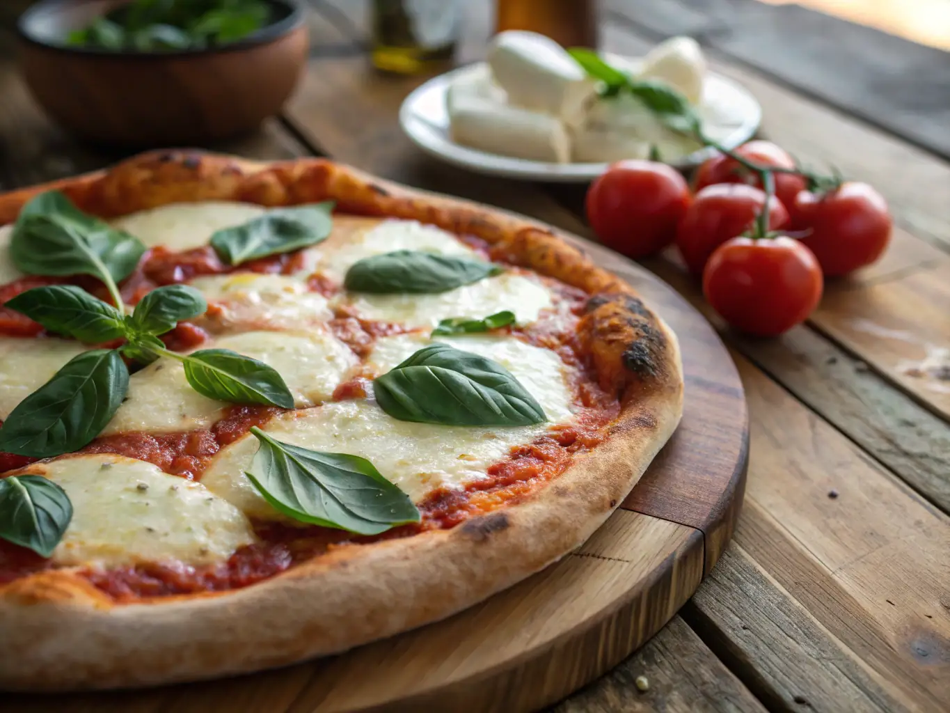 A close-up shot of a Margherita pizza with fresh basil leaves and melted mozzarella, showcasing the simplicity and quality of the ingredients.
