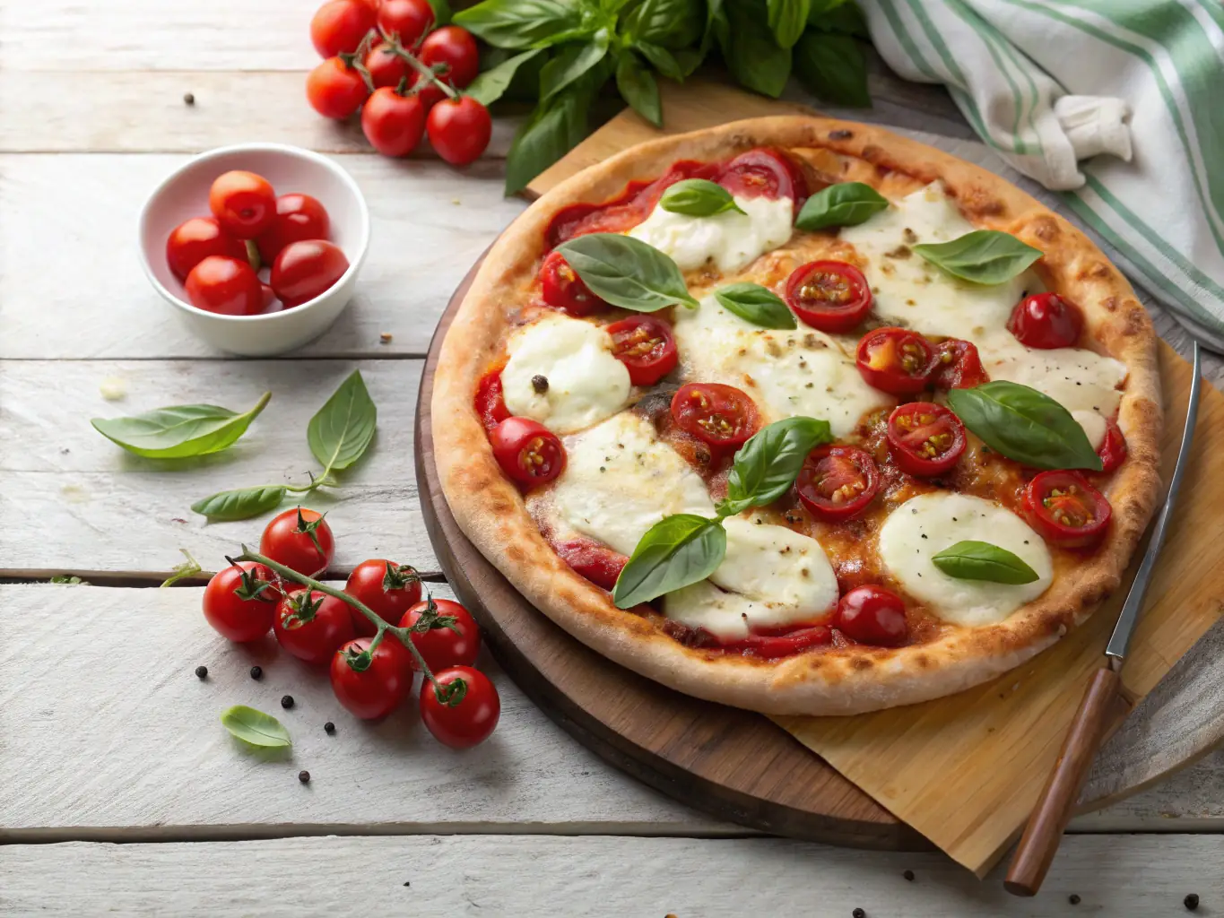 A vibrant image of a gourmet pizza with a variety of toppings, including roasted vegetables, artisanal cheeses, and a drizzle of balsamic glaze.