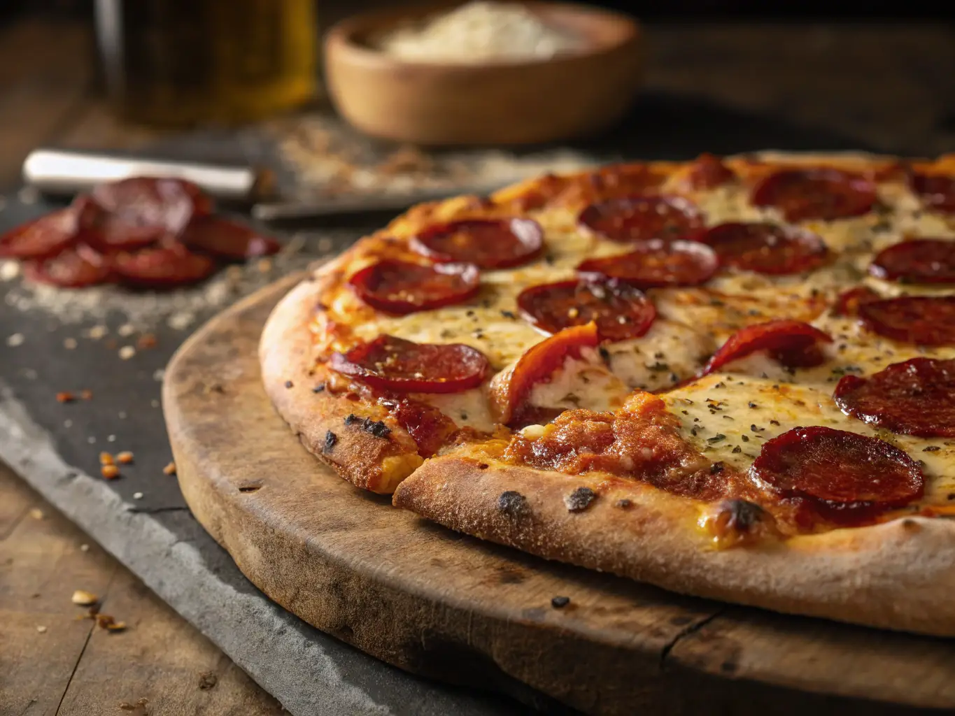 A visually appealing image of a pepperoni pizza with a generous amount of pepperoni slices and melted cheese, highlighting the savory and spicy flavors.